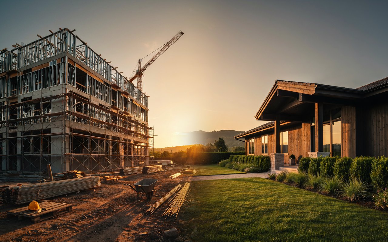 Luxury home construction site at sunset in Massachusetts