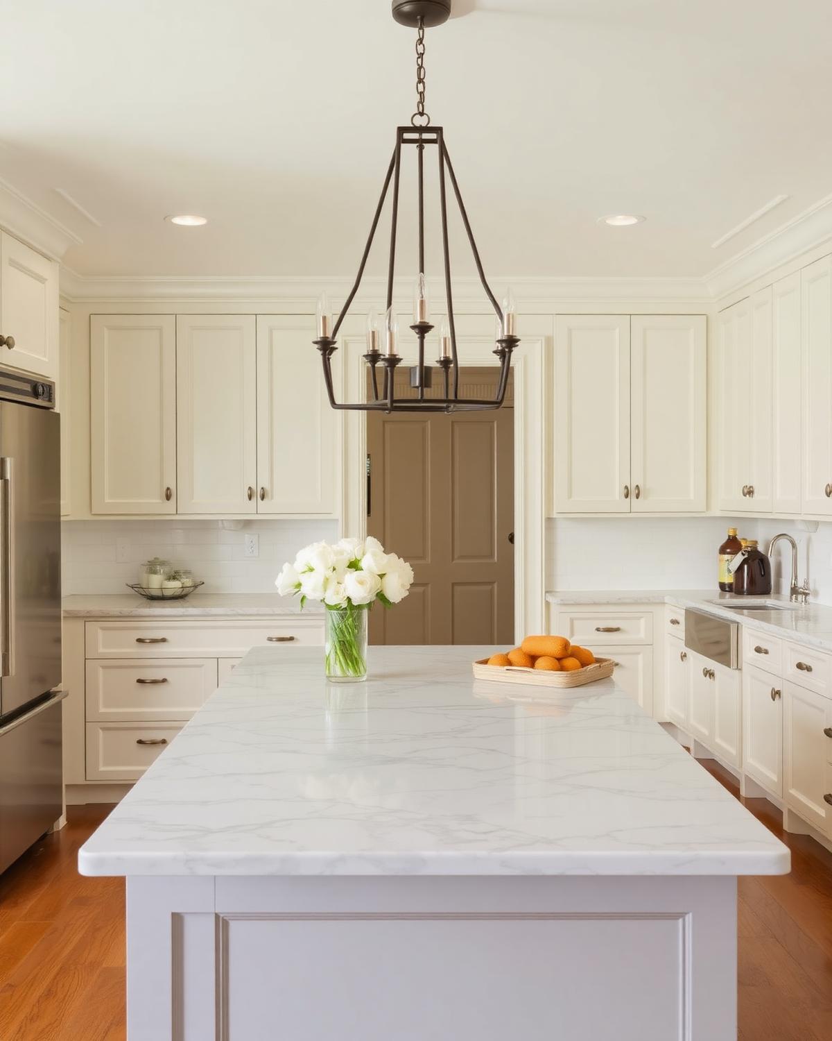Renovated colonial kitchen with marble island