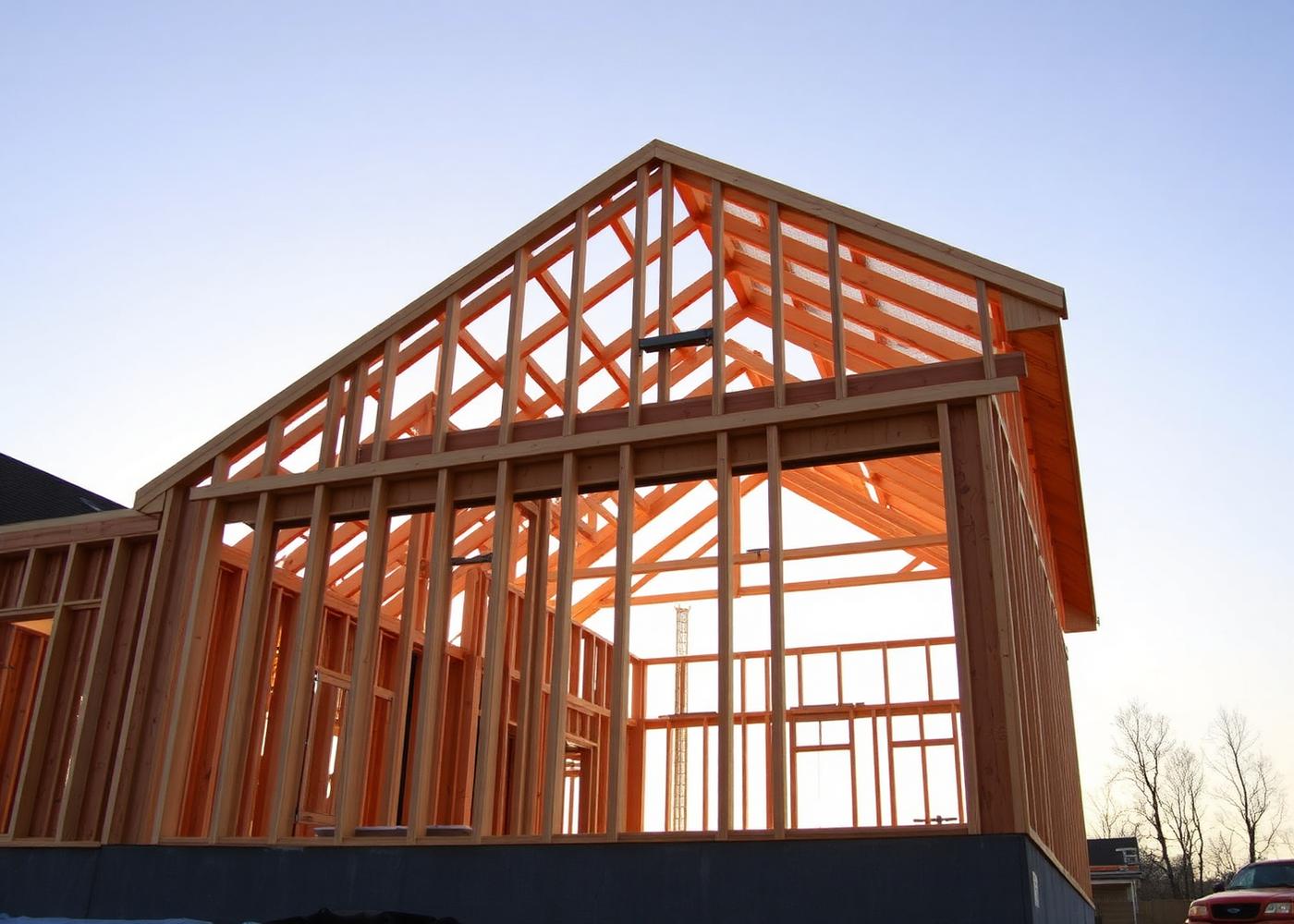 New home framing at golden hour