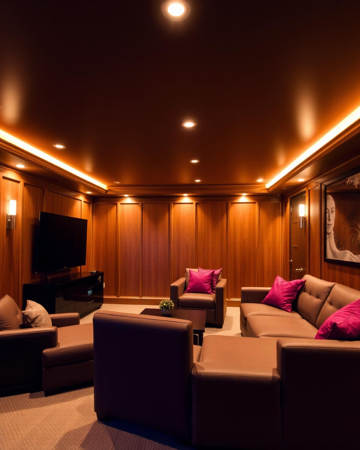 Finished basement lounge with wood paneling